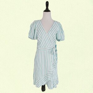 Draper James RSVP‎ Wrap Dress S Green Stripe Linen Blend Puff Sleeve Ruffle